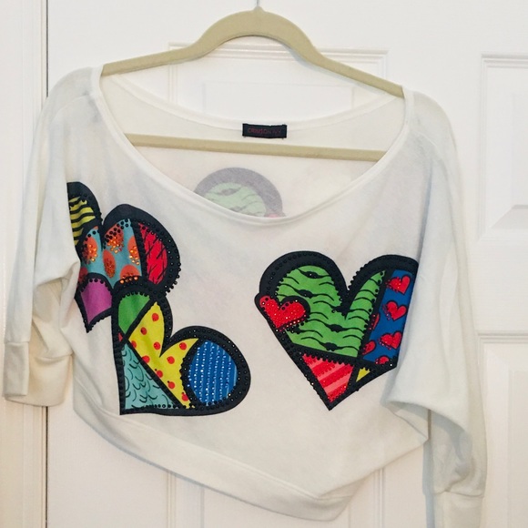 Crimson Ivy USA Tops - NWOT Rhinestone Heart Asymmetric Crop Shirt Britto